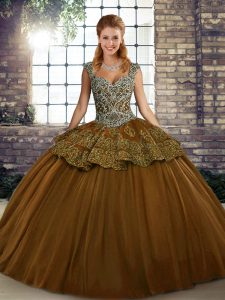 Beautiful Straps Sleeveless Sweet 16 Dress Floor Length Beading and Appliques Brown Tulle