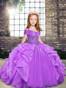 On Sale Floor Length Lavender Custom Made Pageant Dress Organza Sleeveless Beading and Ruffles