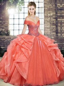 Orange Red Ball Gowns Off The Shoulder Sleeveless Organza Floor Length Lace Up Beading and Ruffles Sweet 16 Dresses