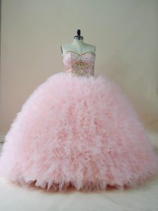 Baby Pink Ball Gowns Beading and Ruffles Quince Ball Gowns Lace Up Tulle Sleeveless