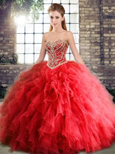 Sweetheart Sleeveless Quinceanera Dress Floor Length Beading and Ruffles Red Tulle