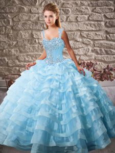 Low Price Blue Quinceanera Dress Organza Court Train Sleeveless Beading and Ruffled Layers