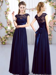 Elegant Navy Blue Cap Sleeves Floor Length Lace and Belt Zipper Bridesmaid Dresses