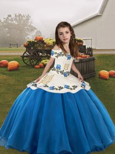 Blue Little Girls Pageant Dress Wholesale For with Embroidery Straps Sleeveless Lace Up