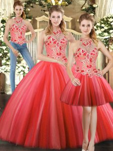 Graceful Sleeveless Floor Length Embroidery Lace Up Ball Gown Prom Dress with Red