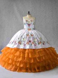 Orange Lace Up Vestidos de Quinceanera Embroidery and Ruffled Layers Sleeveless Floor Length