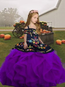 High Class Purple Ball Gowns Tulle Straps Sleeveless Embroidery and Ruffles Floor Length Lace Up Little Girls Pageant Dress