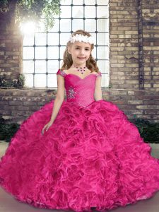 Fuchsia Fabric With Rolling Flowers Lace Up Straps Sleeveless Floor Length Pageant Dress Toddler Beading