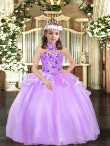 Floor Length Lavender Kids Formal Wear Halter Top Sleeveless Lace Up