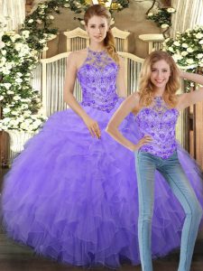 Fine Sleeveless Tulle Floor Length Lace Up 15th Birthday Dress in Lavender with Beading and Ruffles