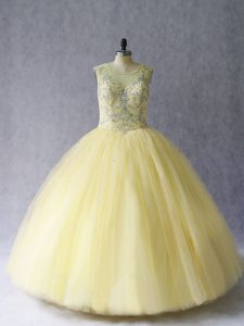 Glorious Sleeveless Tulle Floor Length Lace Up Sweet 16 Quinceanera Dress in Light Yellow with Beading