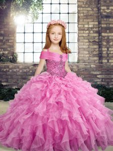 Custom Design Sleeveless Lace Up Floor Length Beading and Ruffles Child Pageant Dress