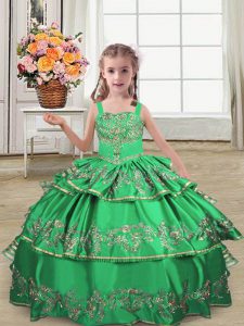 Green Straps Neckline Embroidery and Ruffled Layers Little Girl Pageant Dress Sleeveless Lace Up