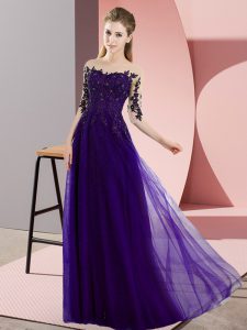 Purple Half Sleeves Chiffon Lace Up Bridesmaids Dress for Wedding Party