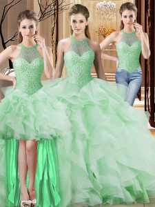 Hot Selling Sleeveless Beading and Ruffles Lace Up Quinceanera Dresses with Apple Green Brush Train