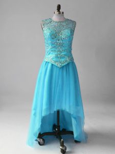 Best Selling Aqua Blue Red Carpet Prom Dress Prom and Party and Military Ball with Beading Scoop Sleeveless Lace Up