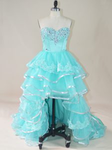 Aqua Blue Prom Gown Prom and Party with Beading and Lace and Ruffled Layers Sweetheart Sleeveless Lace Up