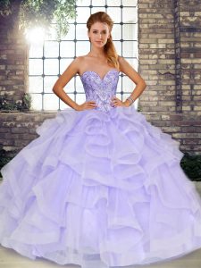 Chic Lavender Sweet 16 Dress Military Ball and Sweet 16 and Quinceanera with Beading and Ruffles Sweetheart Sleeveless Lace Up