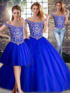 Sleeveless Beading Lace Up Sweet 16 Dresses with Royal Blue Brush Train