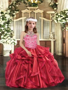 Beading and Ruffles Little Girls Pageant Gowns Red Lace Up Sleeveless Floor Length