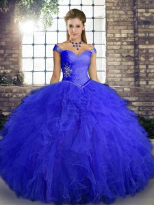 Royal Blue Sleeveless Tulle Lace Up Sweet 16 Quinceanera Dress for Military Ball and Sweet 16 and Quinceanera