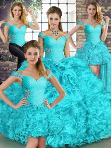 Ball Gowns Vestidos de Quinceanera Aqua Blue Off The Shoulder Organza Sleeveless Floor Length Lace Up