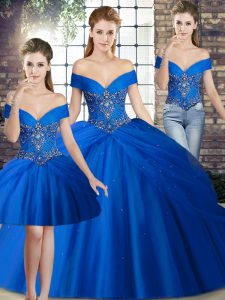 Sweet Royal Blue Off The Shoulder Neckline Beading and Pick Ups Quinceanera Gown Sleeveless Lace Up