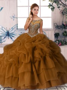 High Quality Brown Zipper Quinceanera Gown Beading and Pick Ups Sleeveless Brush Train