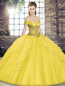 Delicate Gold Tulle Lace Up Off The Shoulder Sleeveless Floor Length Ball Gown Prom Dress Beading and Ruffles