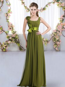 Floor Length Zipper Wedding Party Dress Olive Green for Wedding Party with Belt and Hand Made Flower