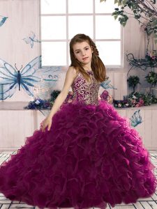 Floor Length Fuchsia Kids Pageant Dress Organza Sleeveless Beading and Ruffles
