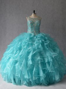 Beading and Ruffles Quinceanera Gown Aqua Blue Lace Up Sleeveless Floor Length