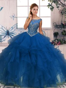 Elegant Blue Sleeveless Organza Zipper 15th Birthday Dress for Military Ball and Sweet 16 and Quinceanera