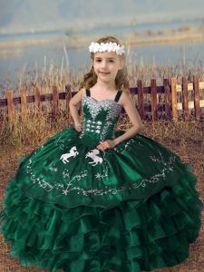 Dark Green Straps Lace Up Embroidery and Ruffled Layers Kids Pageant Dress Sleeveless