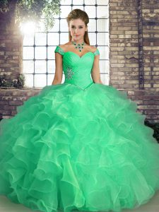Organza Off The Shoulder Sleeveless Lace Up Beading and Ruffles 15 Quinceanera Dress in Turquoise