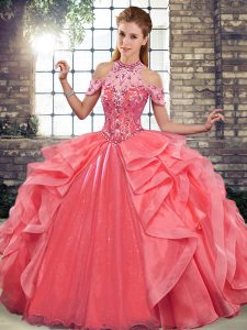 Artistic Ball Gowns Sweet 16 Quinceanera Dress Watermelon Red Halter Top Organza Sleeveless Floor Length Lace Up