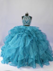 Deluxe Sleeveless Floor Length Beading and Ruffles Backless 15 Quinceanera Dress with Teal Brush Train