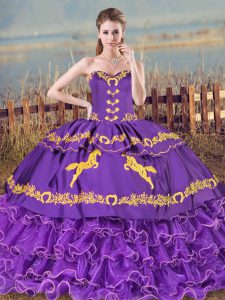 Purple Ball Gowns Sweetheart Sleeveless Organza Lace Up Embroidery and Ruffled Layers Sweet 16 Dress