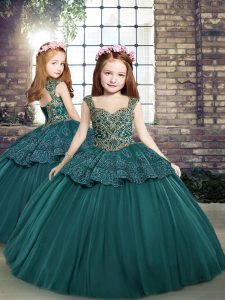 Trendy Sleeveless Floor Length Beading and Appliques Side Zipper Kids Formal Wear with Teal