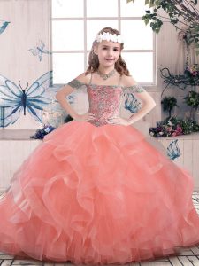 Watermelon Red Little Girl Pageant Gowns Party and Sweet 16 and Wedding Party with Beading and Ruffles Straps Sleeveless Lace Up