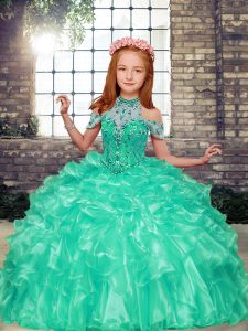 Low Price Sleeveless Floor Length Beading and Ruffles Lace Up Little Girls Pageant Dress with Apple Green