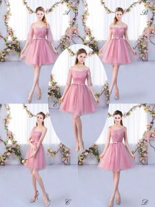 Attractive Pink Half Sleeves Tulle Lace Up Quinceanera Court of Honor Dress for Wedding Party