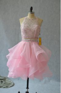 Dramatic Baby Pink Sleeveless Beading and Ruffles Mini Length Evening Dress
