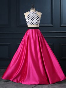 Glamorous Sleeveless Satin Floor Length Lace Up Homecoming Party Dress in Hot Pink with Ruching