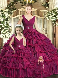 Shining Burgundy Sleeveless Floor Length Ruffled Layers Backless Sweet 16 Dress