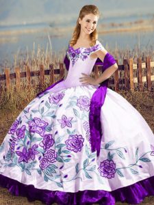 Popular White And Purple Sleeveless Embroidery and Ruffles Floor Length Ball Gown Prom Dress