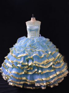 Blue Sleeveless Ruffled Layers Floor Length 15 Quinceanera Dress