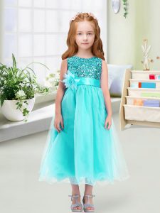 Aqua Blue Empire Organza Scoop Sleeveless Sequins and Hand Made Flower Tea Length Zipper Toddler Flower Girl Dress