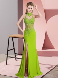 Low Price Green Dress for Prom Prom and Party and Military Ball with Lace and Appliques Halter Top Sleeveless Backless