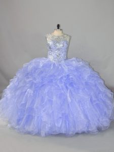 Fitting Scoop Sleeveless Organza Ball Gown Prom Dress Beading and Ruffles Lace Up